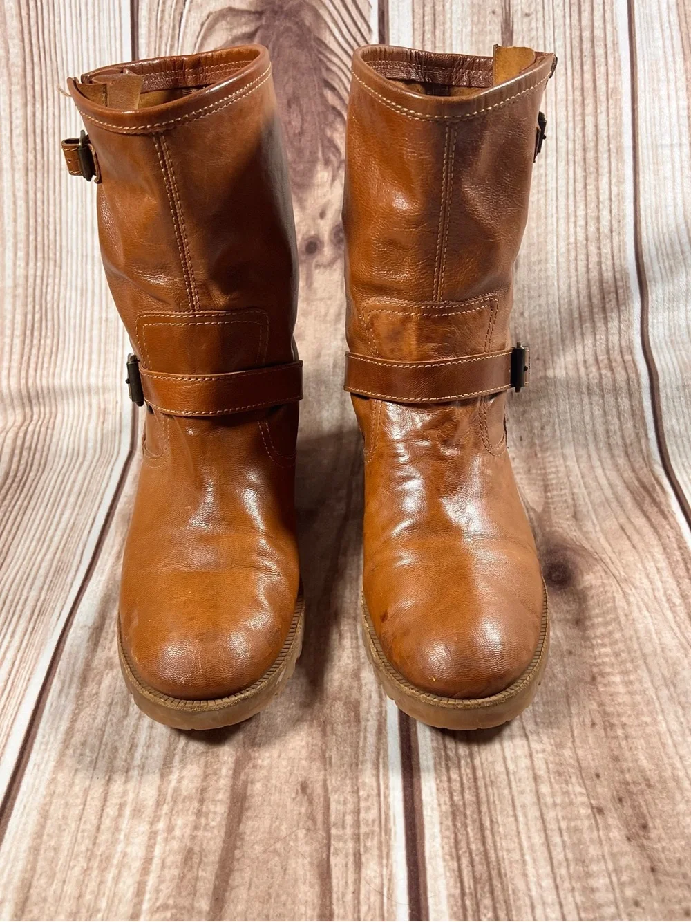 Michael Kors Women's Tan Leather Mid-Calf Buckle Boots